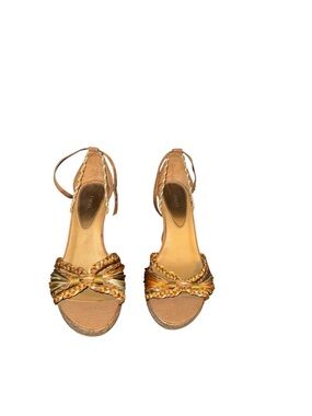 FIONI Clothing Tan Braided Wedge Sandals with Gold Accents